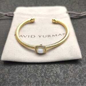 David Yurman Gold Cable Cuff with White Center Stone and Pavé